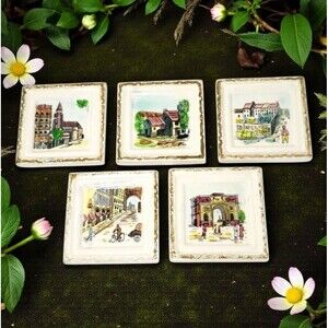 Vintage Ucagco Japan Ceramic Wall Plaques Paris France Set of 5 Hand Painted 4"